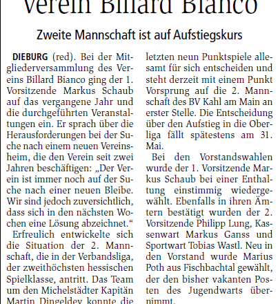 Billard Bianco e.V. hält jährliche Mitgliederversammlung ab – Zweite Mannschaft auf Aufstiegskurs